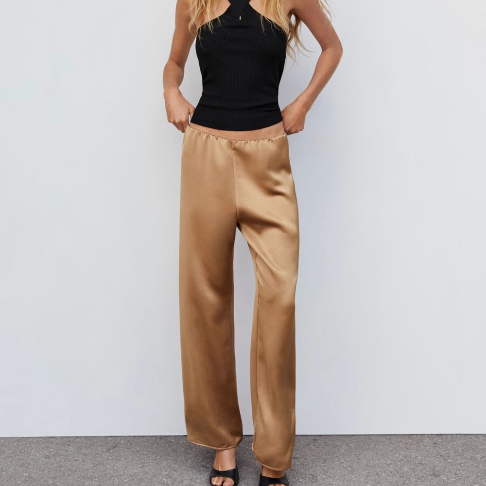 Elegant Tan Satin Pants